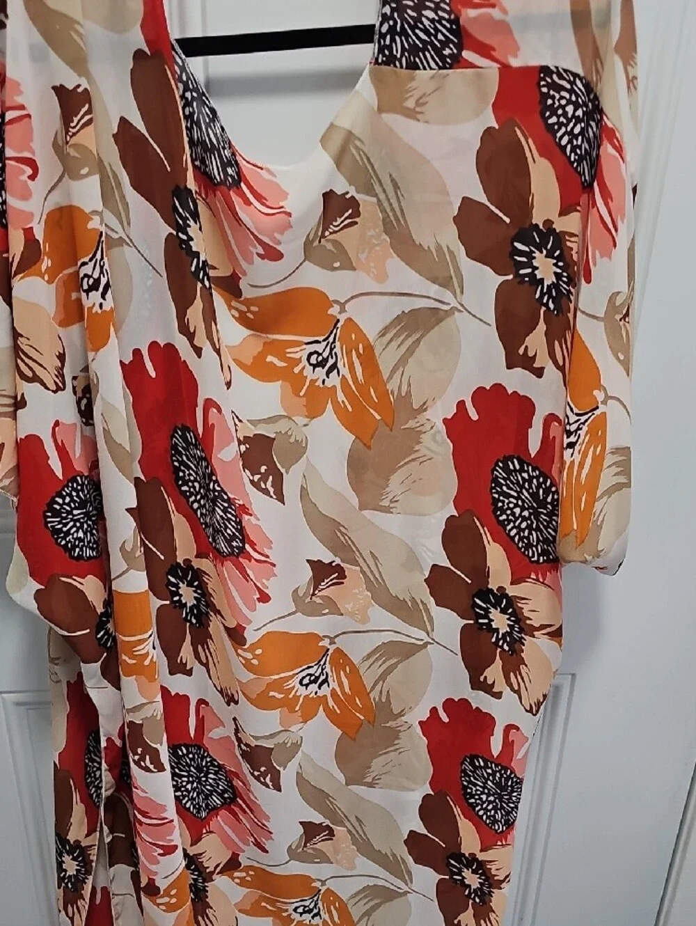 Maurices Floral Open-Front Kimono in Red, Orange & Tan With Cream Crewneck T.